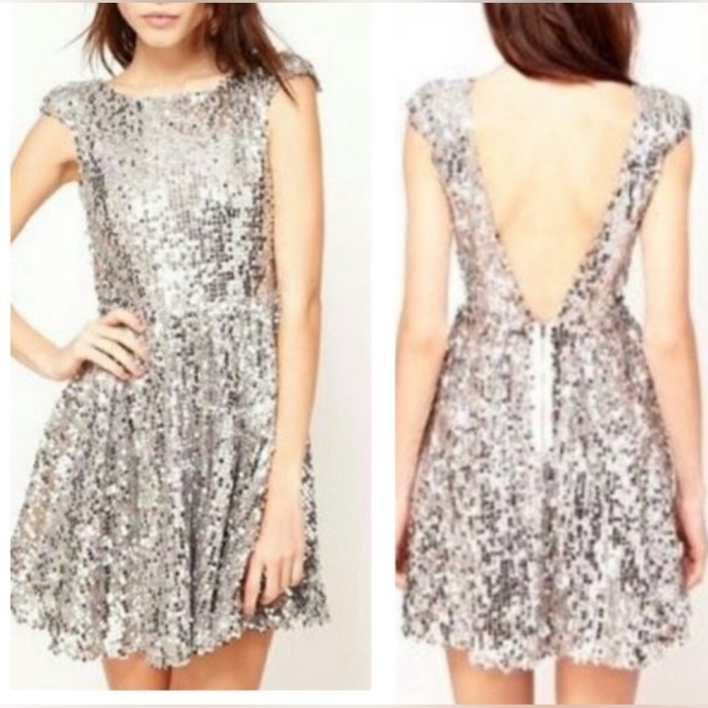 Topshop Silver Sequin Backless Skater Dress